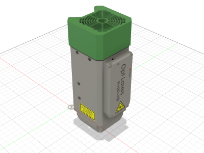 Luchtfilter (groen) voor Opt Laser, zelf ontwikkeld om vuil uit kwetsbare onderdelen te weren.